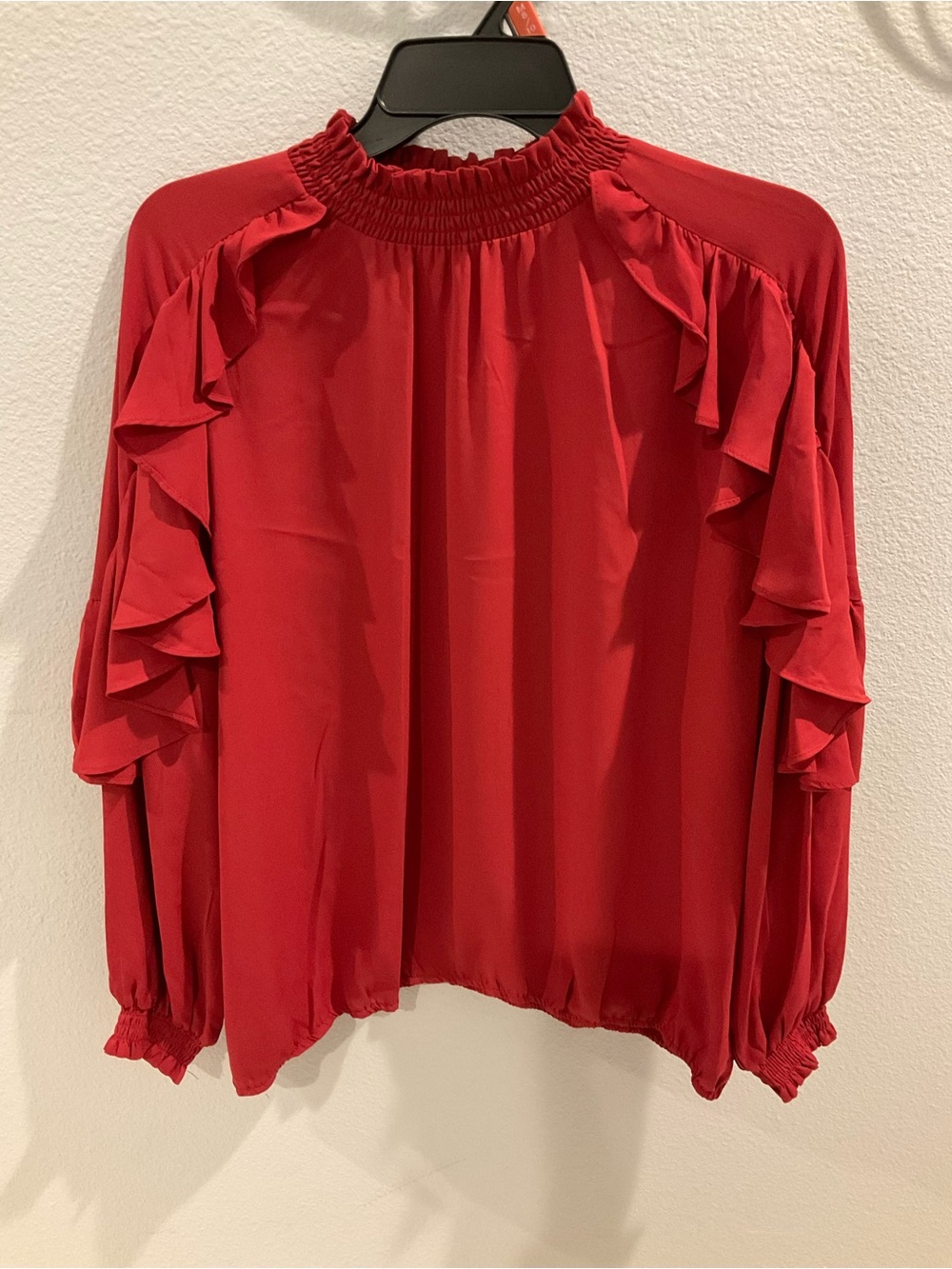 NRed Ruffle-Trim Long Sleeve Blouse